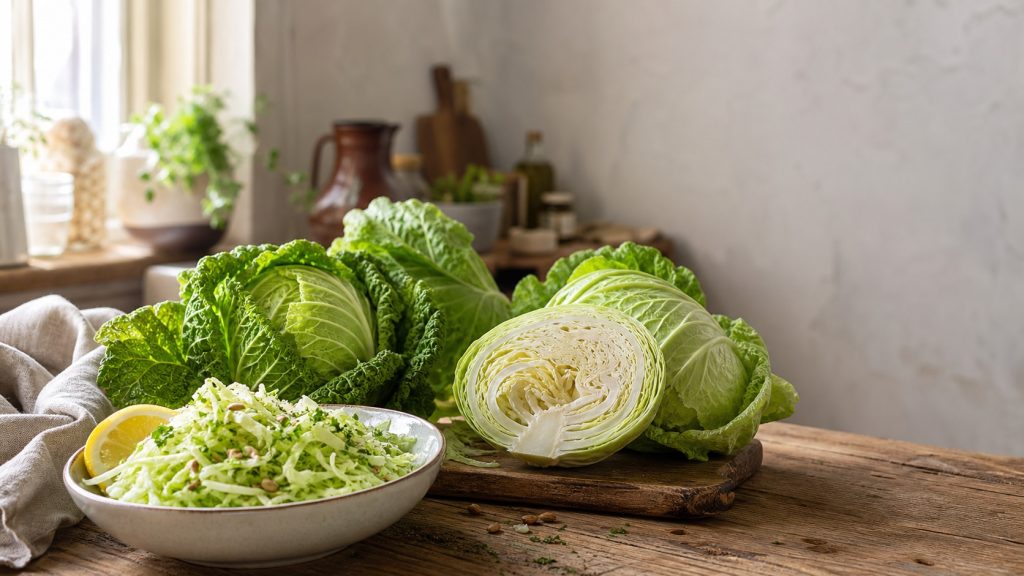 Chouffin frais entier et coupé, accompagné d’une salade de chouffin, citron et herbes sur une table de cuisine rustique