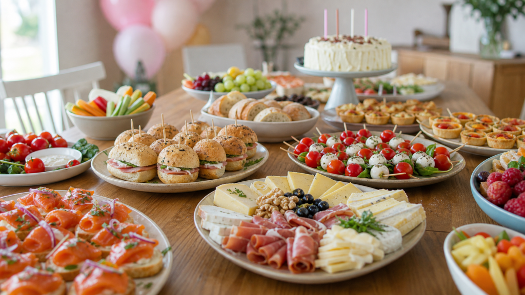 Buffet froid d’anniversaire élégant avec canapés, légumes, fromages, fruits et gâteau sur une grande table lumineuse