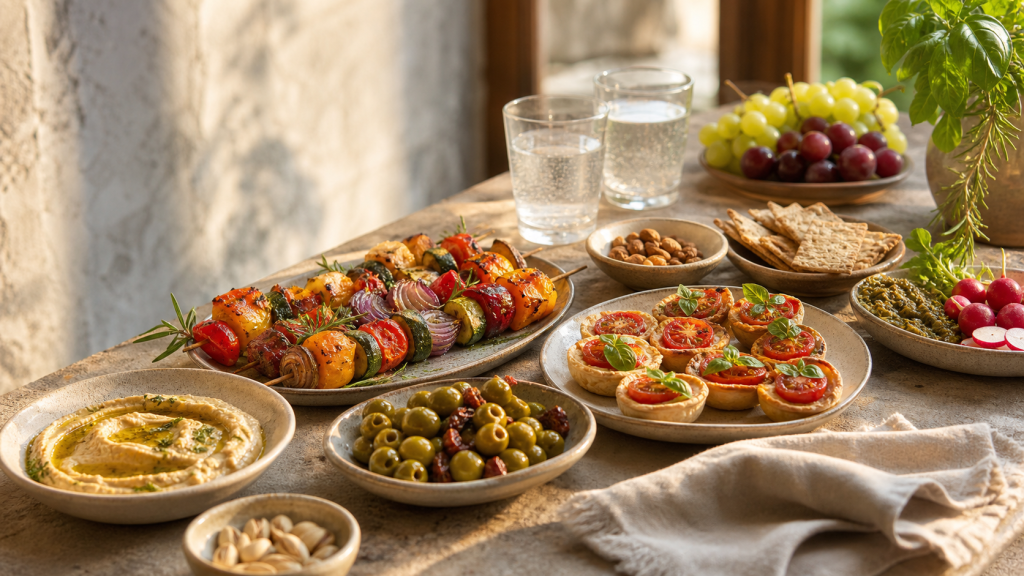 Apéritif végétarien facile à recevoir avec brochettes de légumes, tartes salées, houmous, tapenade, olives et crackers sur une table ensoleillée.