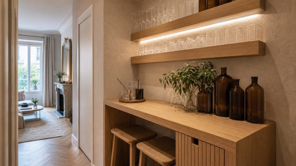 Bar maison compact et pratique en bois clair, aménagé dans un petit espace d’appartement avec tabourets et étagères murales.