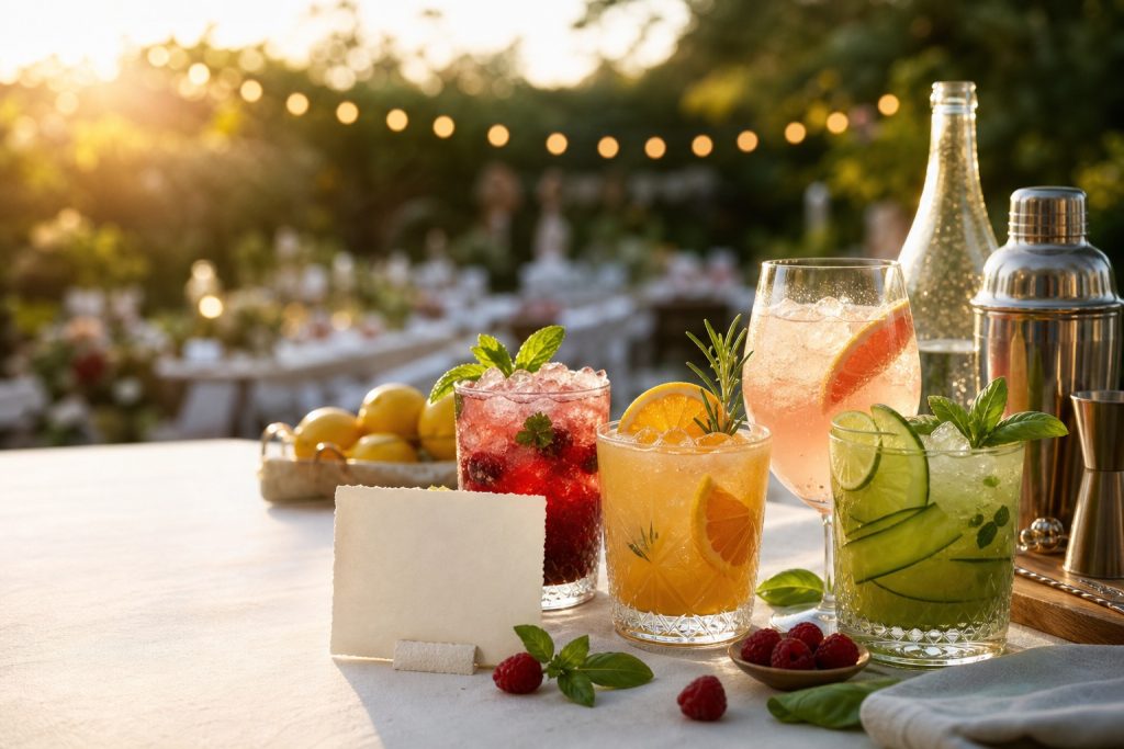 Table de fête estivale avec quatre mocktails colorés, fruits frais, herbes aromatiques et accessoires de bar élégants.