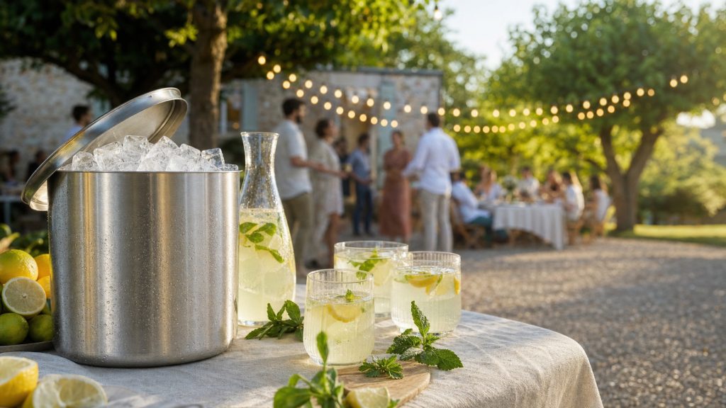 Seau isotherme rempli de glaçons intacts sur une table de fête estivale en extérieur, avec citronnade et invités flous à l’arrière-plan.