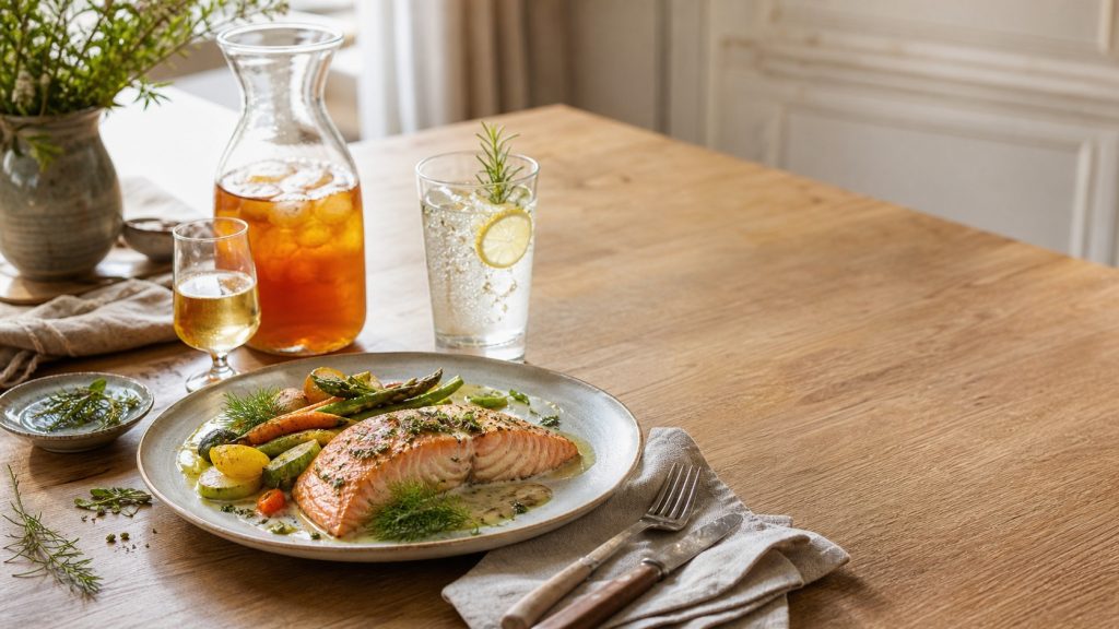 Saumon rôti aux légumes de saison accompagné de boissons sans alcool sur une table en bois lumineuse