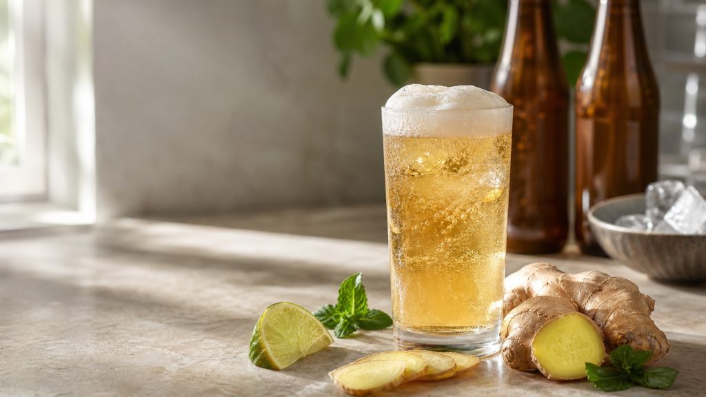 Verre de ginger beer sans alcool pétillant avec gingembre frais, citron vert et menthe sur un plan de travail lumineux