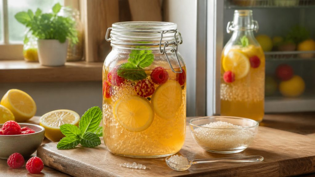 Bocal de kéfir de fruits maison avec citron, framboises, menthe et grains de kéfir, accompagné d’une bouteille conservée au frais.