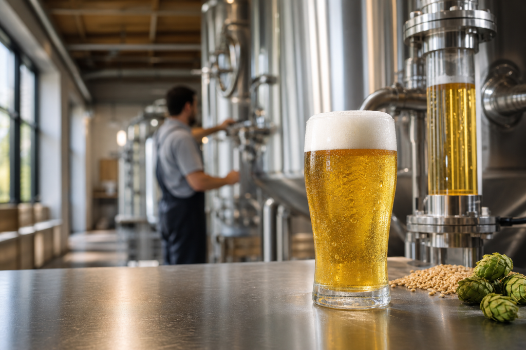 Verre de bière blonde 0.0 avec mousse dans une brasserie moderne, devant des cuves de brassage et des ingrédients naturels.