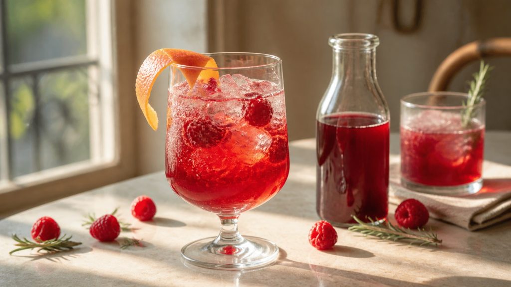 Cocktail sans alcool au shrub rouge avec framboises, glaçons, zeste d’orange et bouteille de sirop artisanal sur une table lumineuse.