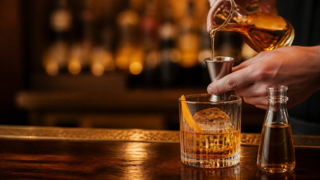 Dosage précis de sirop dans un jigger au-dessus d’un cocktail ambré avec glaçon et zeste d’orange
