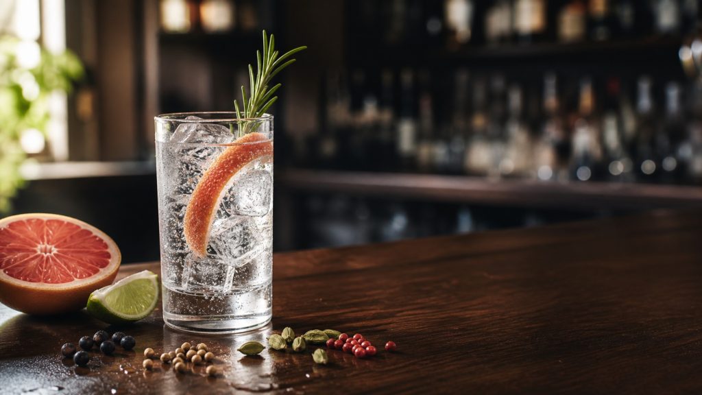 Verre de tonic water pétillant avec pamplemousse, citron vert, romarin et épices botaniques sur un comptoir en bois